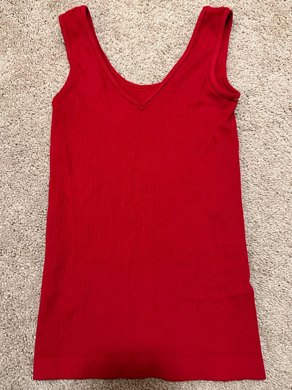 Women's Red Ribbed V-Neck Tank Top